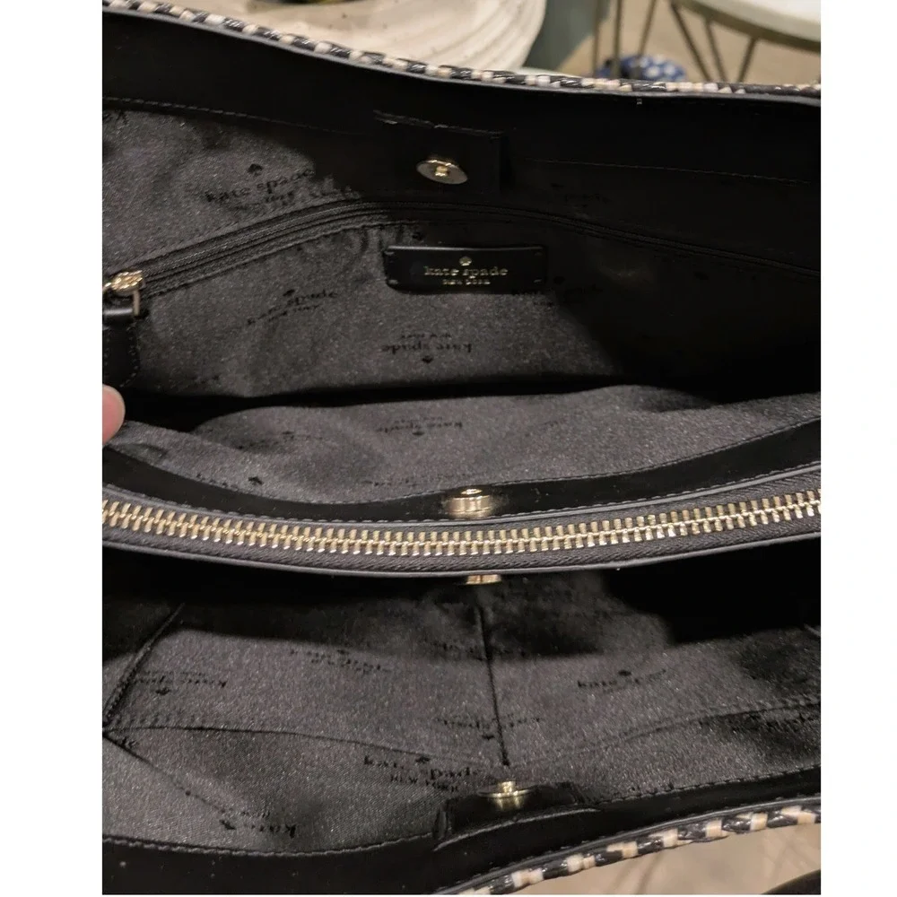 Kate Spade Lena Straw Triple Compartment Shoulder Bag Black Pebbled Leather